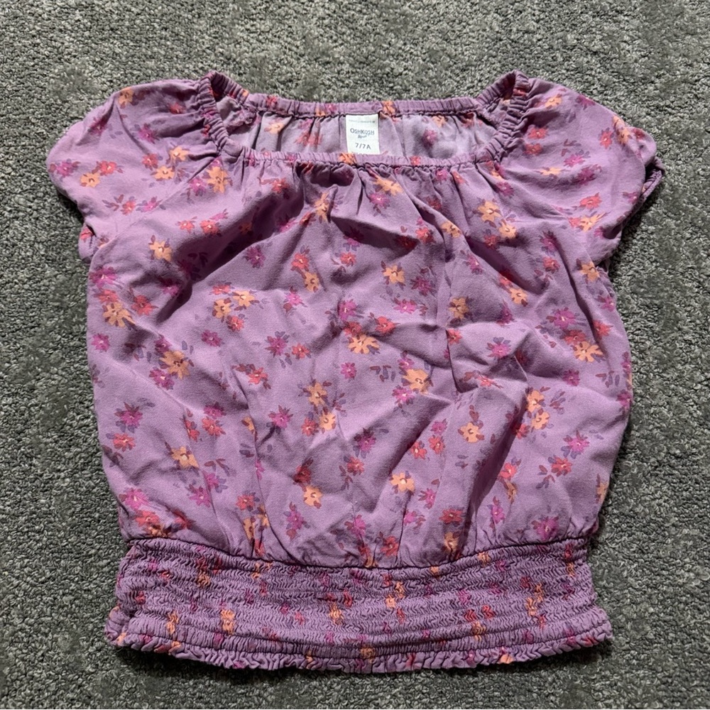 Oshkosh yong girls purple floral top with elastic sleeveless size 7